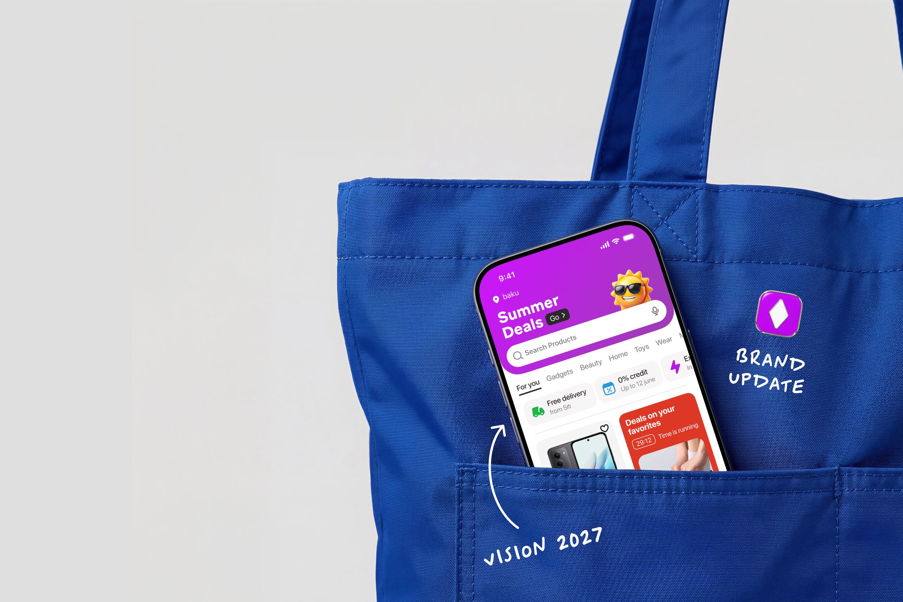 Birmarket app on a phone inside a blue tote bag