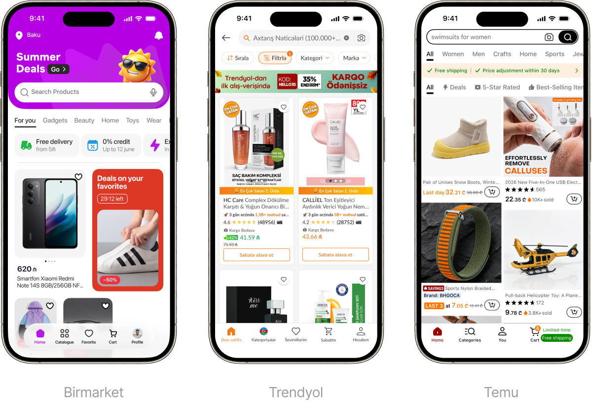 Birmarket’s updated interface beside competing marketplace apps