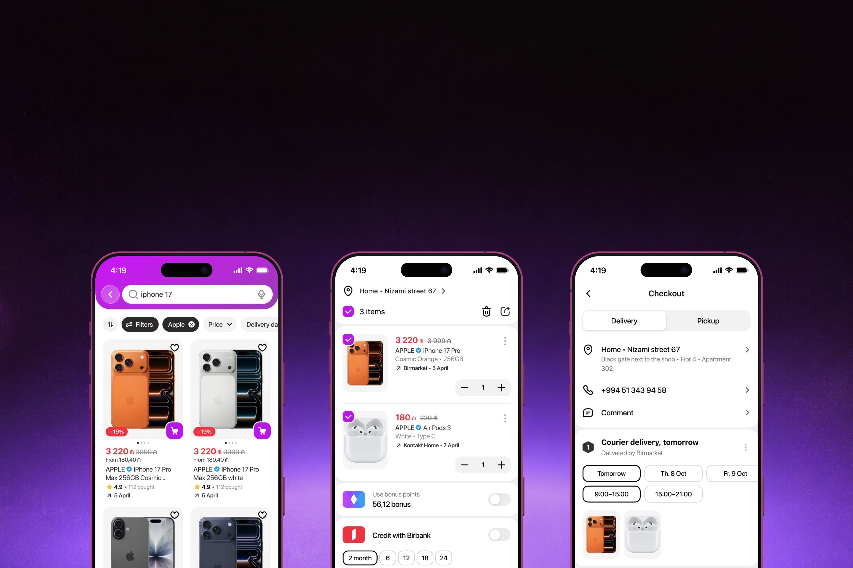 Three Birmarket marketplace screens on phones against a dark purple background