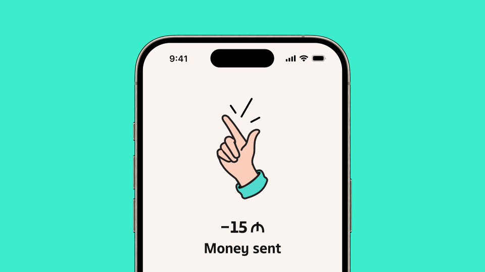 m10 payment confirmation on a phone against a turquoise background