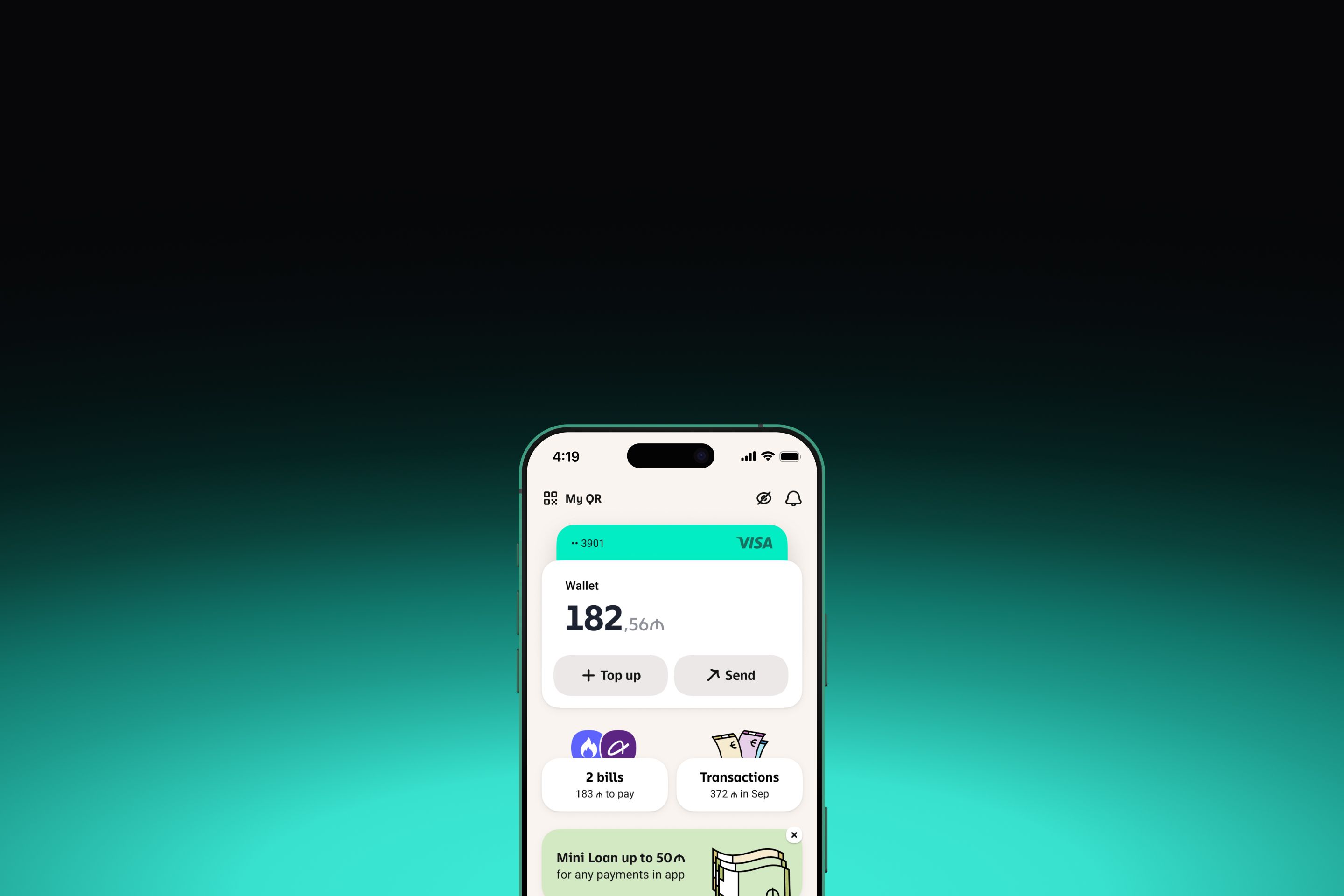 m10 digital wallet app on a phone against a dark green gradient
