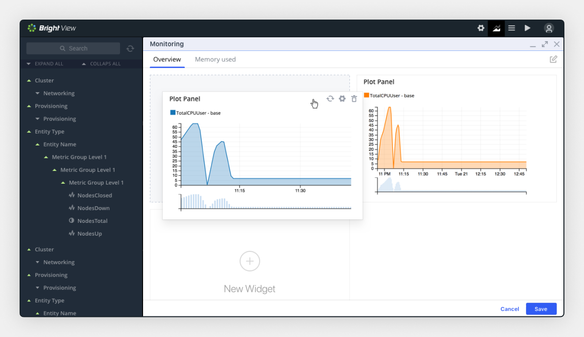 Bright View monitoring dashboard with performance charts