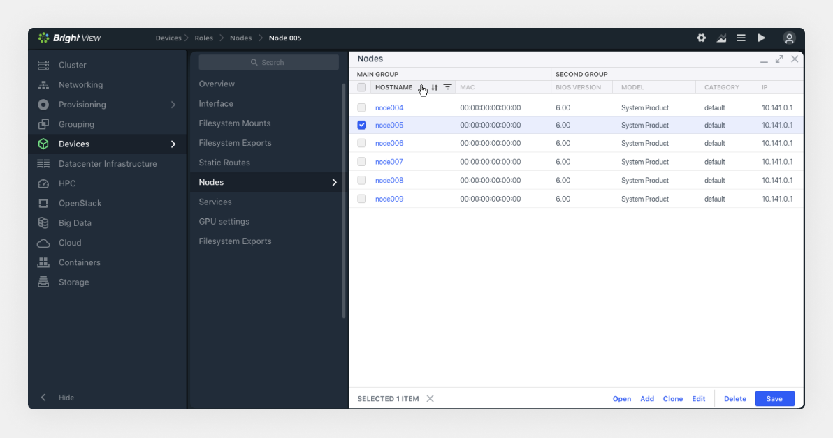 Bright View web interface for managing cluster nodes