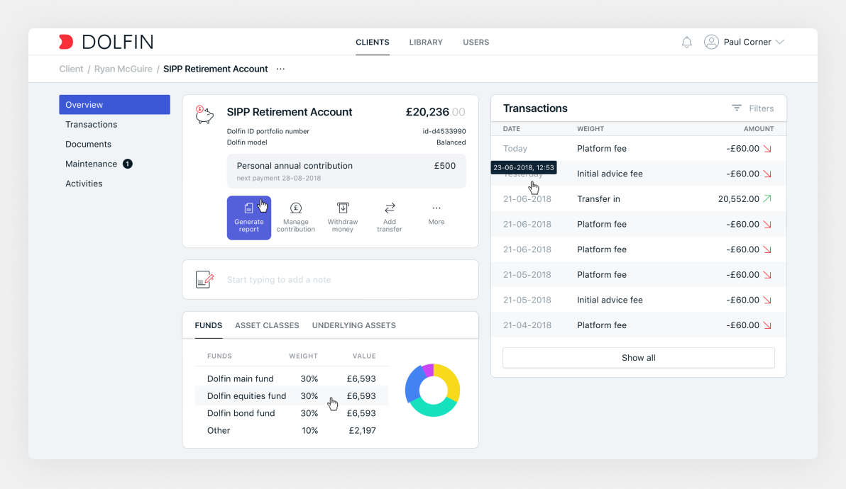Dolfin advisor CRM showing a client account and transactions